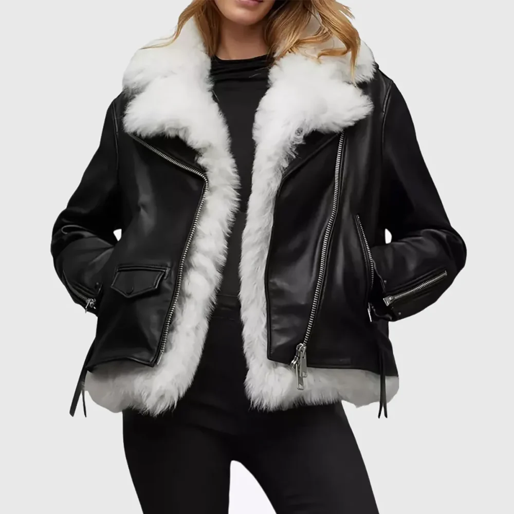 Black Leather Bomber with White Fur Lining