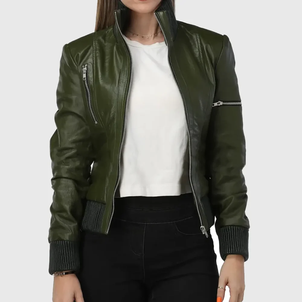 Women’s Olive Green Leather Bomber Jacket