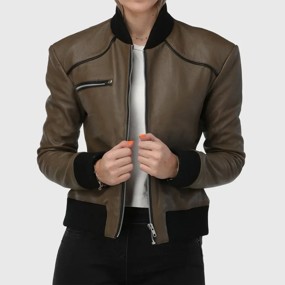Ladies’ Leather Bomber Jacket with Zipper Chest Pocket