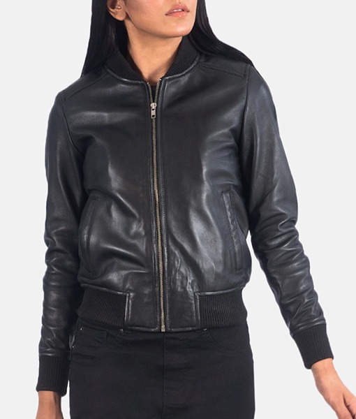 Women’s Classic Black Leather Bomber Jacket