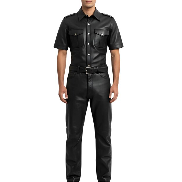 Midnight Authority Full Leather Outfit Short Sleeve Command Shirt & Tailored Leather Pants