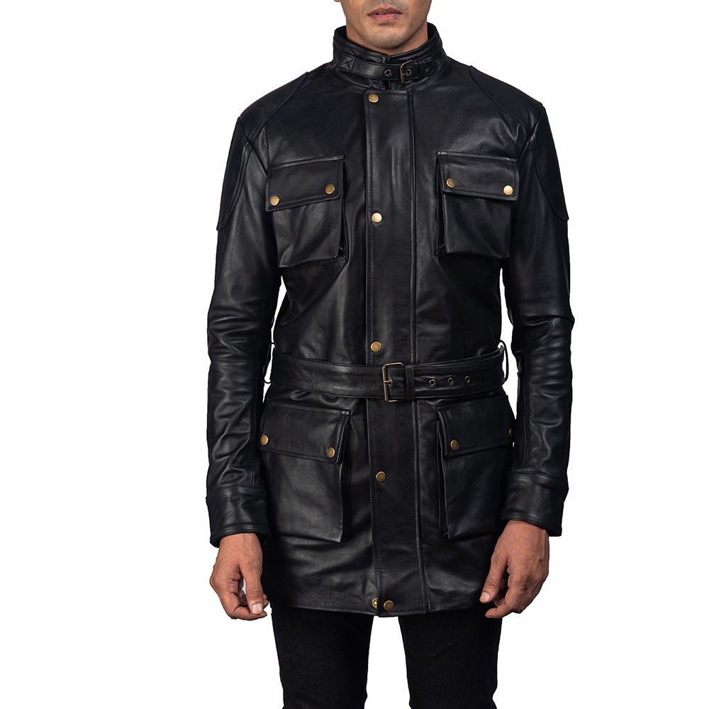 Safari Style Black Leather Coat with Multiple Pocket