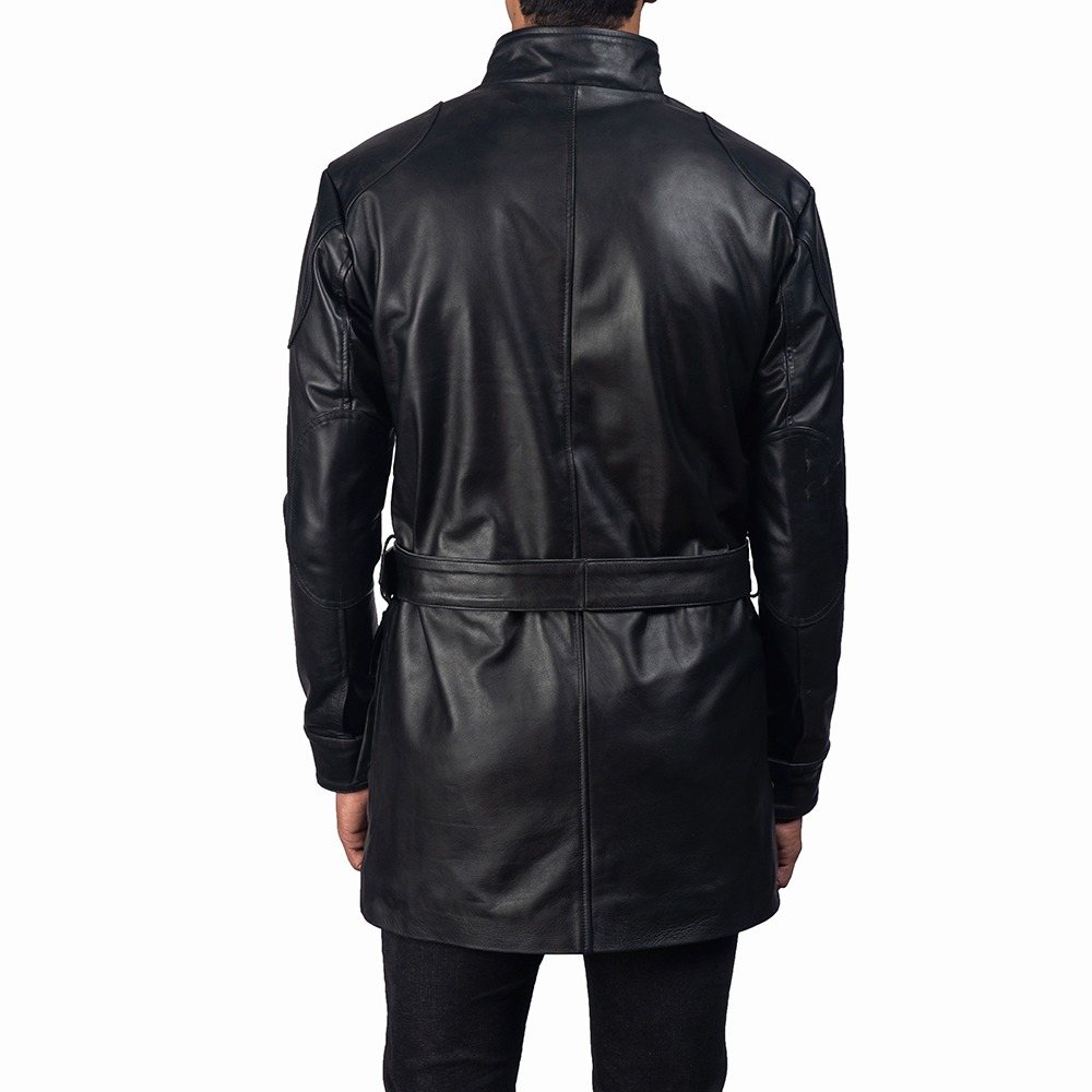 Safari Style Black Leather Coat with Multiple Pocket