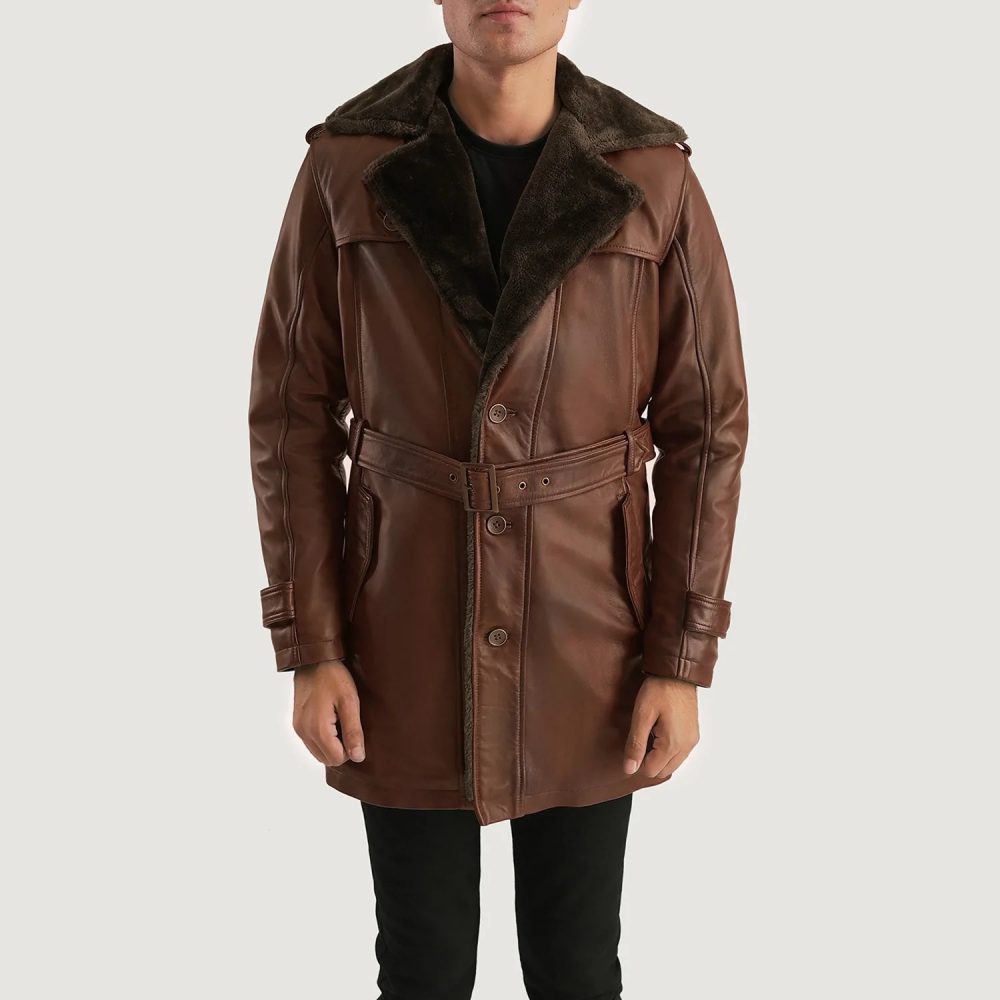 Genuine Leather Overcoat with Detachable Belt and Fur Collar