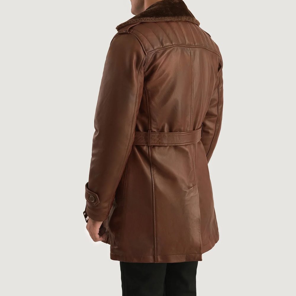 Genuine Leather Overcoat with Detachable Belt and Fur Collar