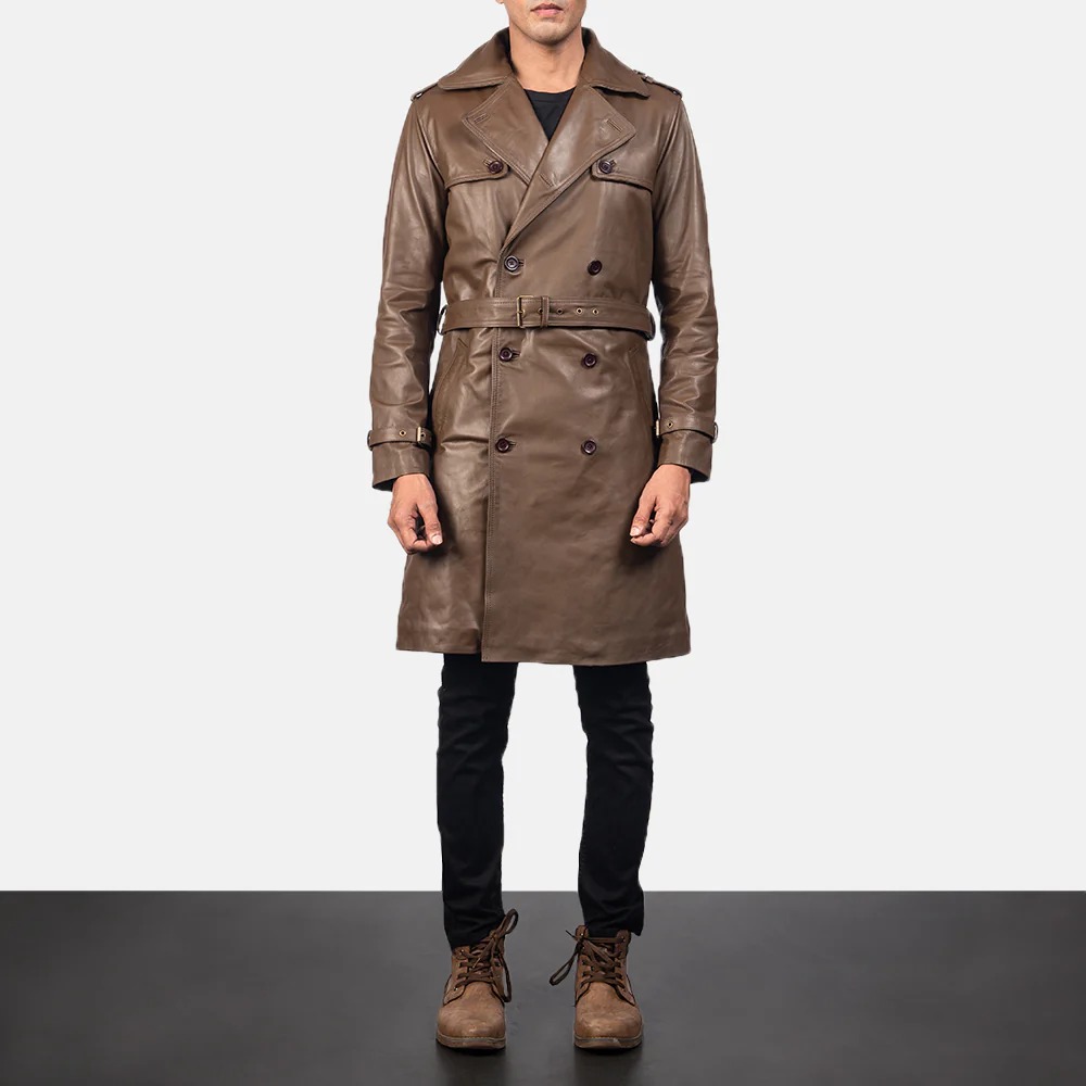 Men’s Classic Brown/Taupe Leather Trench Coat