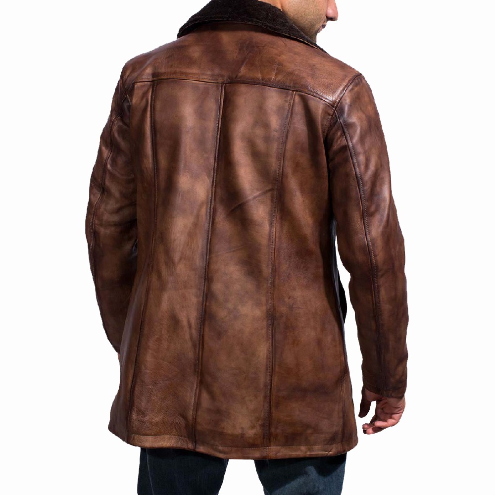 Classic Brown Leather Coat with Faux Fur Collar