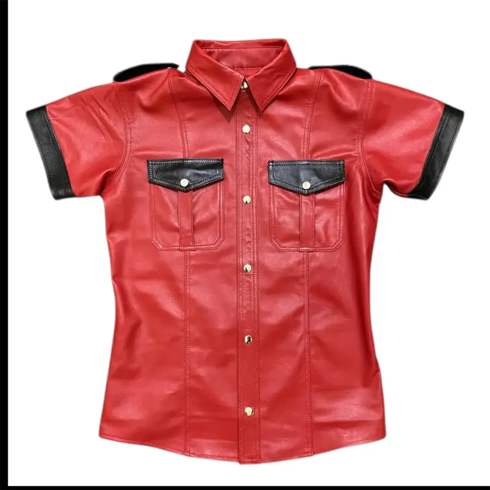 Crimson Vanguard Leather Outfit Red Command Shirt & Black Stripe Leather Pants