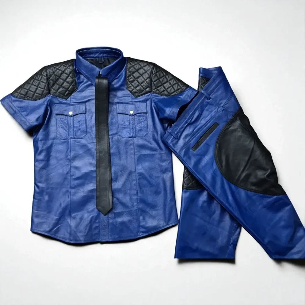 Quilted Patrol Style Blue Leather Uniform Set