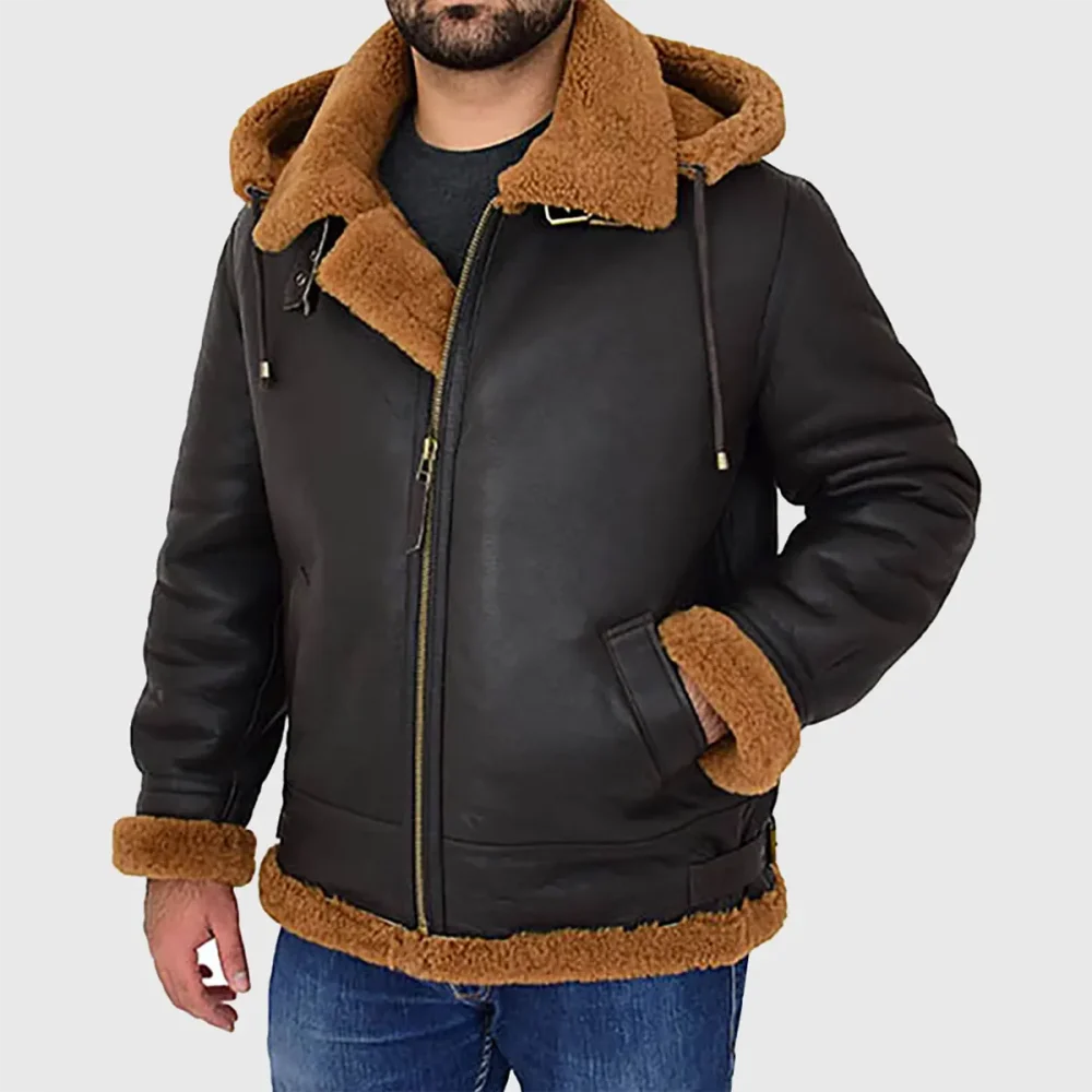 Classic Sheepskin Bomber Jacket with Contrast Fur Lining