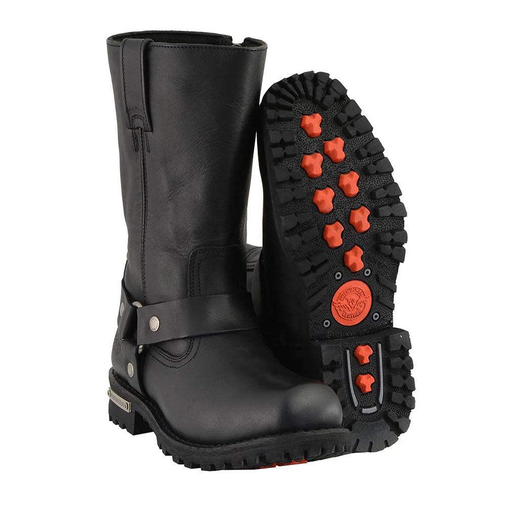 Classic Black Leather Harness Biker Boots with Orange Grip Sole