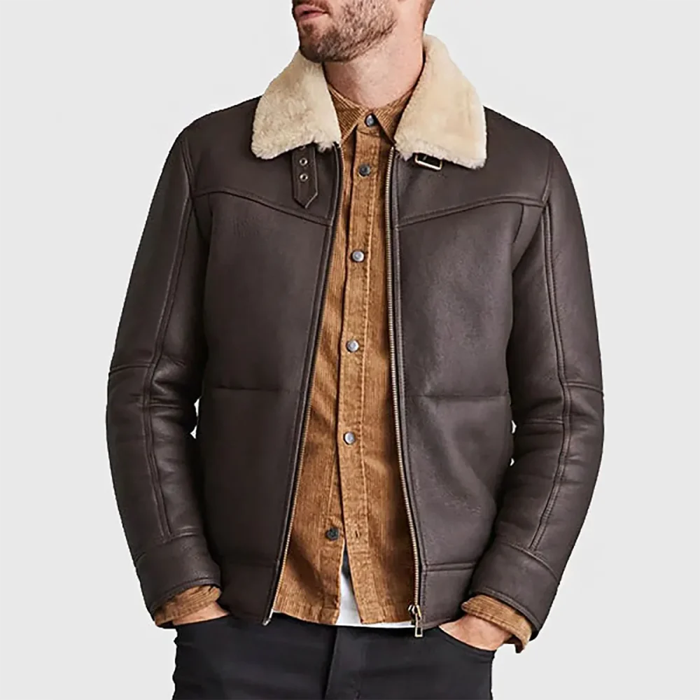 Men’s Dark Brown Leather B3 Jacket with Cream Shearling Collar