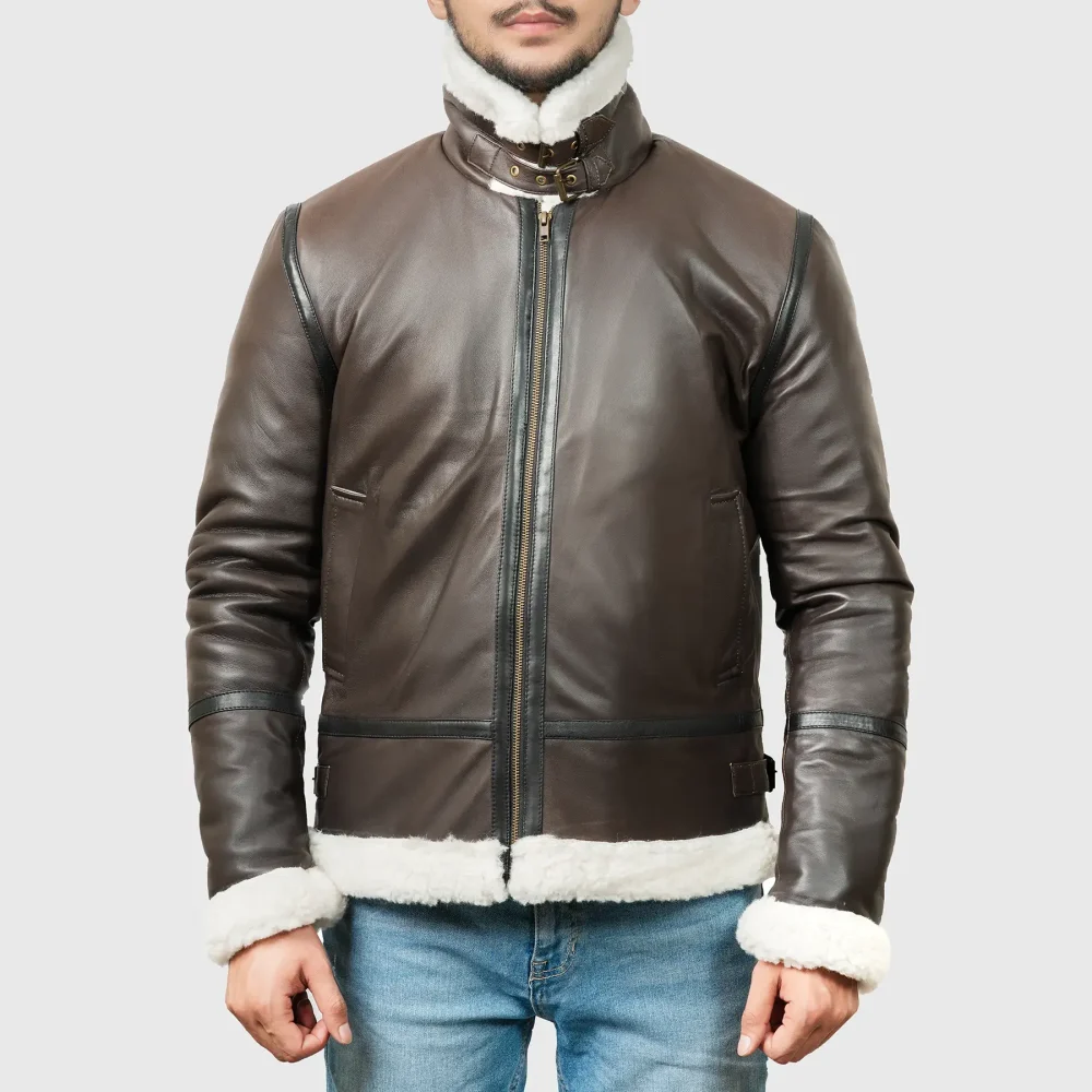 Men’s Dark Brown B6 Shearling Leather Jacket with Stand Collar