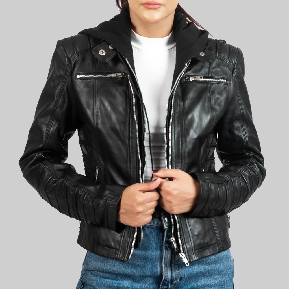 Women’s Black Leather Biker Jacket with Hood