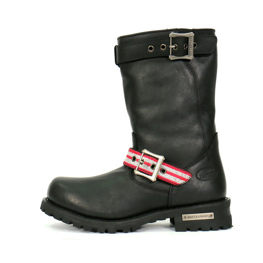 Black Leather Biker Boots with US Flag Straps