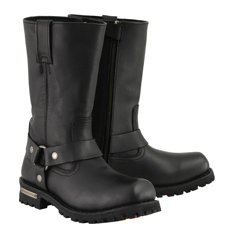 Classic Black Leather Harness Biker Boots with Orange Grip Sole