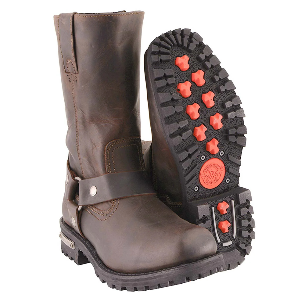 Distressed Brown Leather Harness Biker Boots with Side Zip