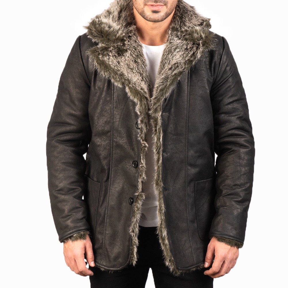 Men’s Winter Black Suede Look Car Coat with Fur Lining