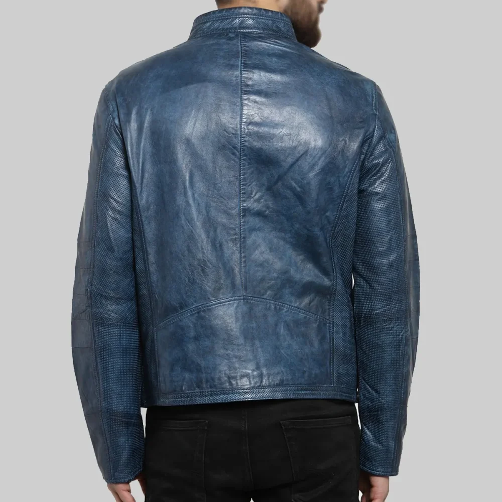 Textured Blue Biker Jacket with Stand Collar