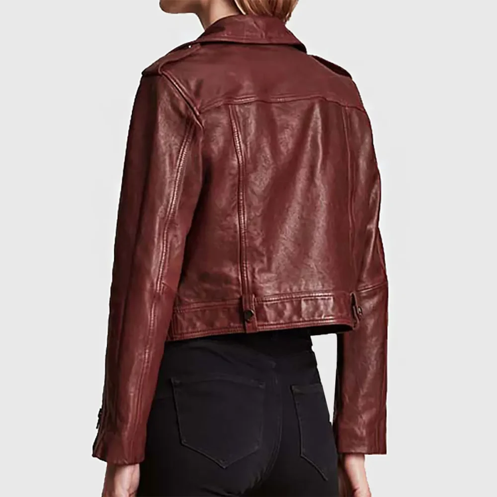 Women’s Cropped Burgundy Leather Biker Jacket