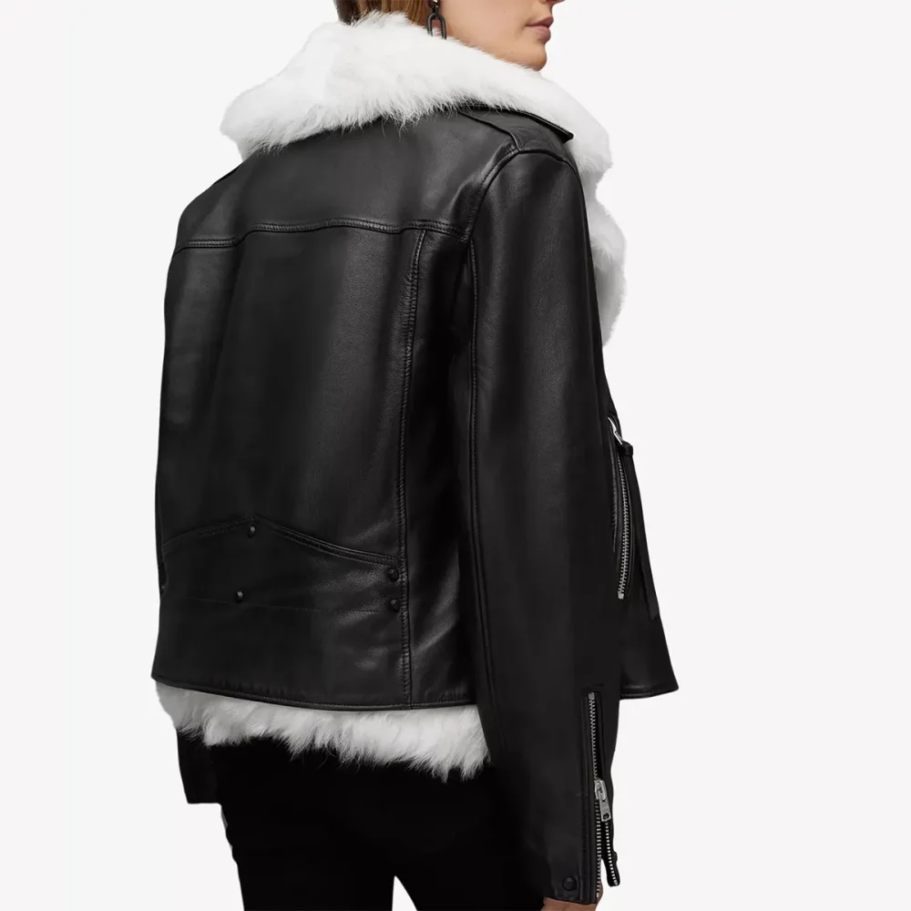 Black Leather Bomber with White Fur Lining