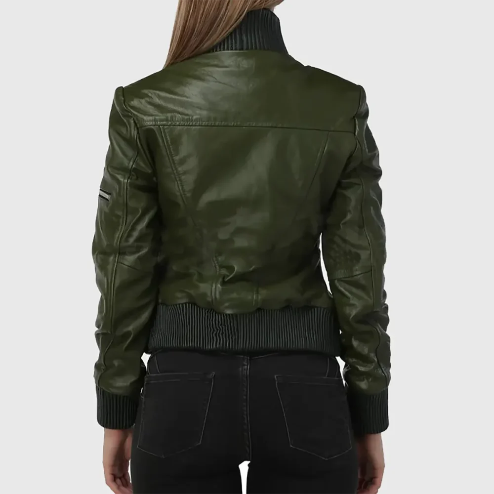 Women’s Olive Green Leather Bomber Jacket