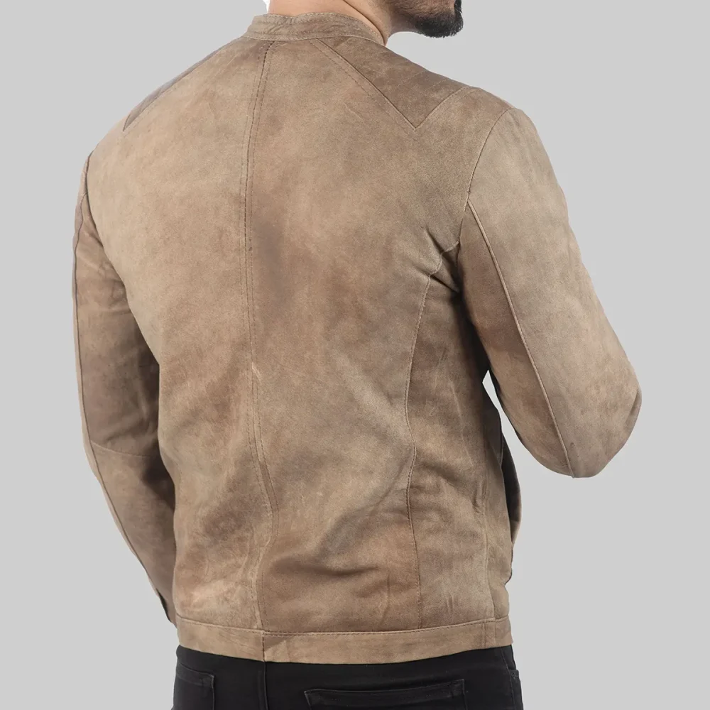 Tan Suede Biker Jacket with Quilted Shoulder