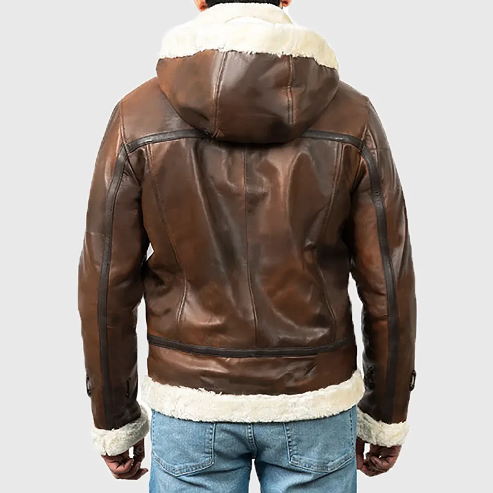Men’s Hooded Brown Leather B3 Shearling Jacket