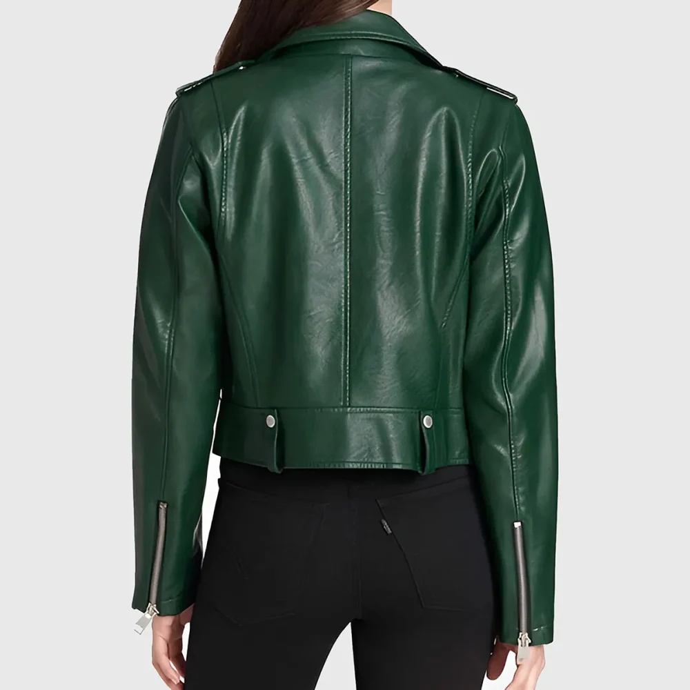 Women’s Green Leather Cropped Biker Jacket
