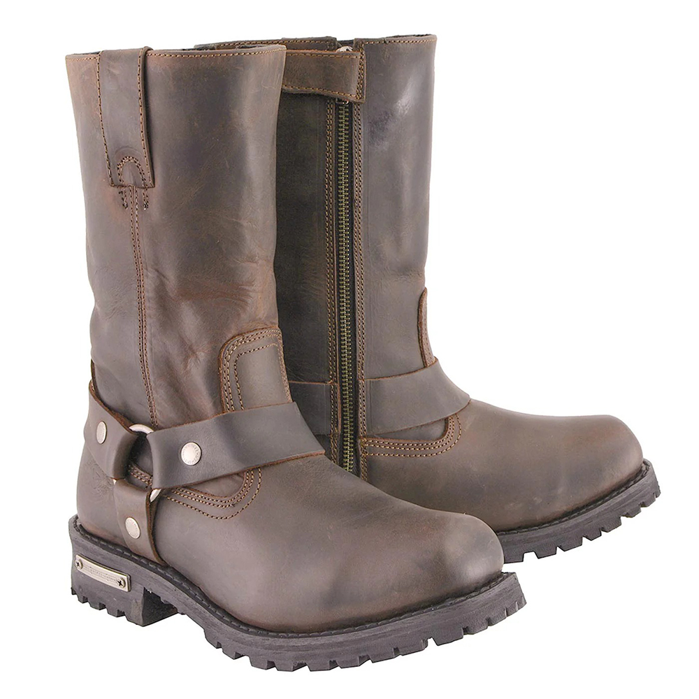Distressed Brown Leather Harness Biker Boots with Side Zip