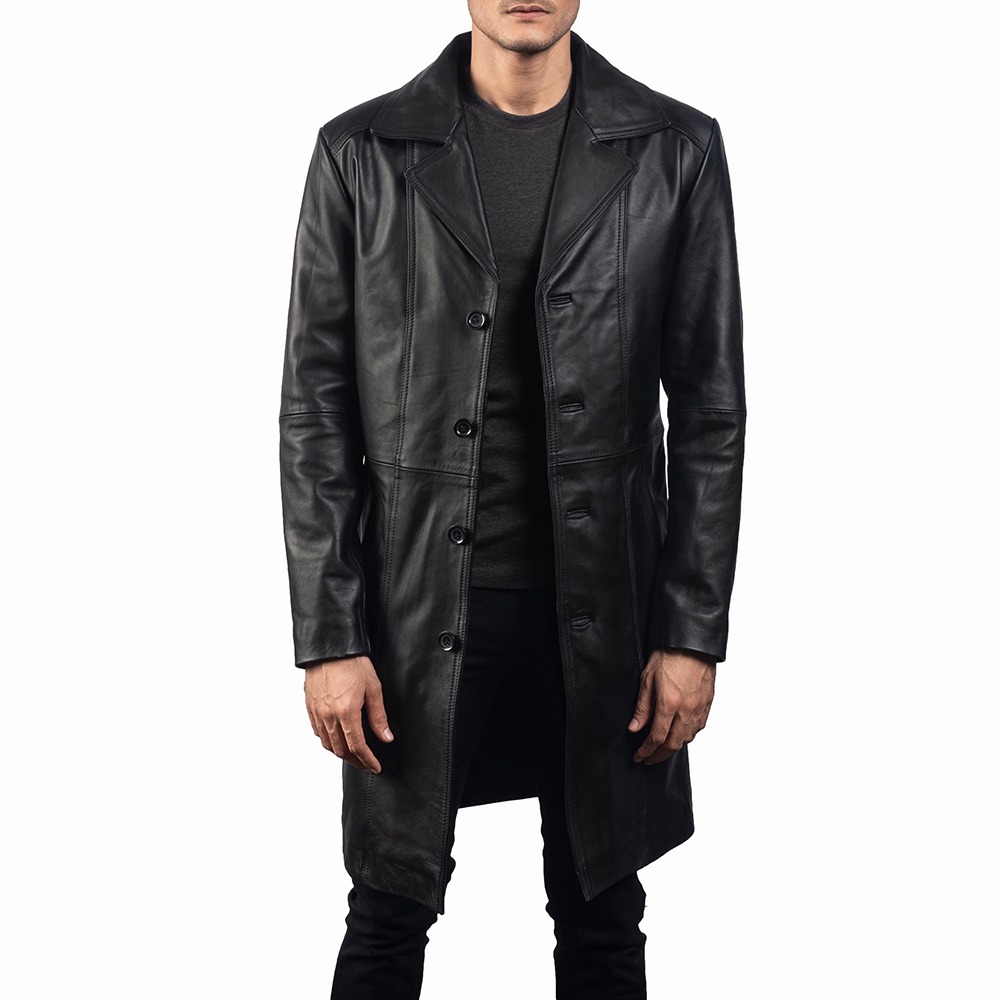 Long Black Leather Car Coat
