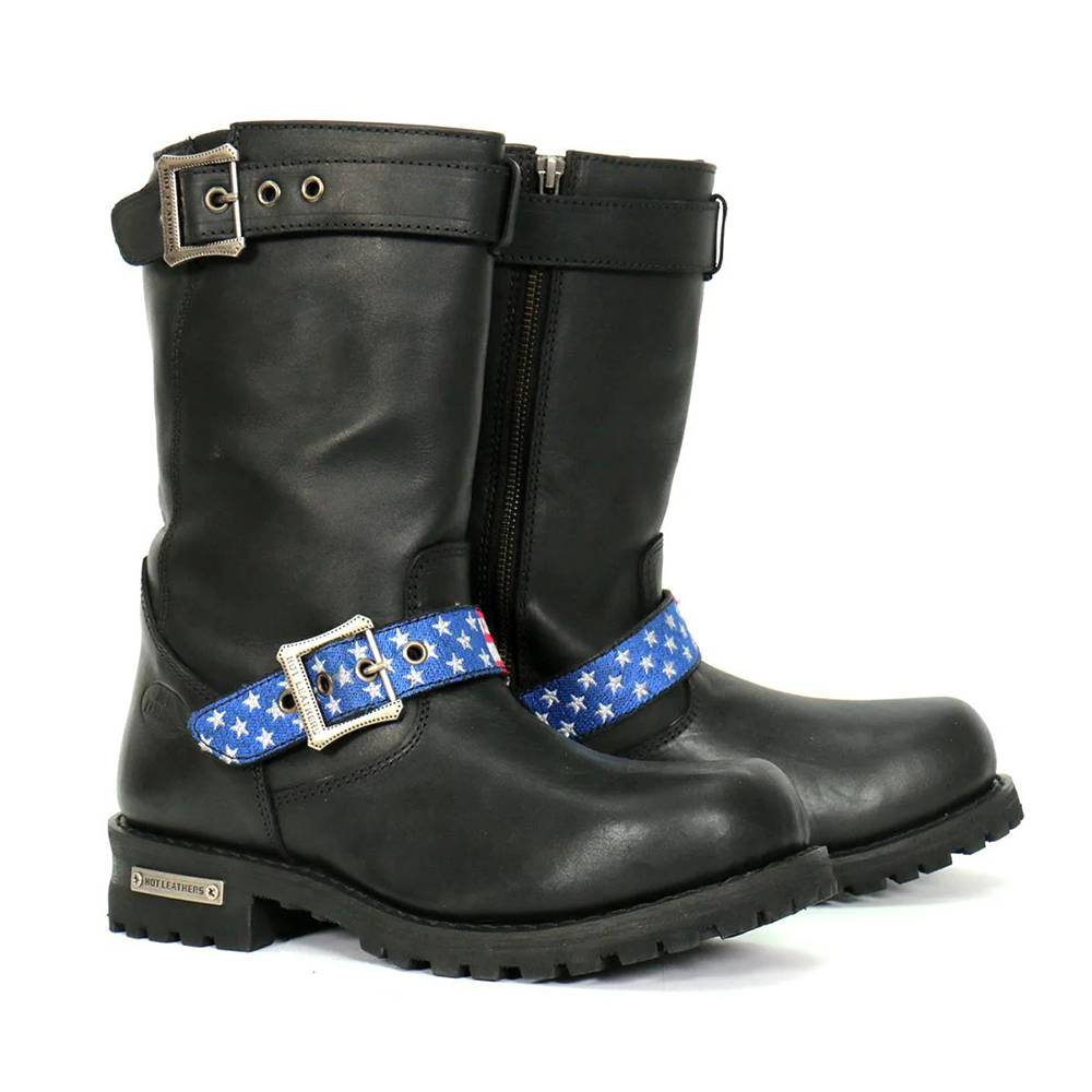 Black Leather Biker Boots with US Flag Straps