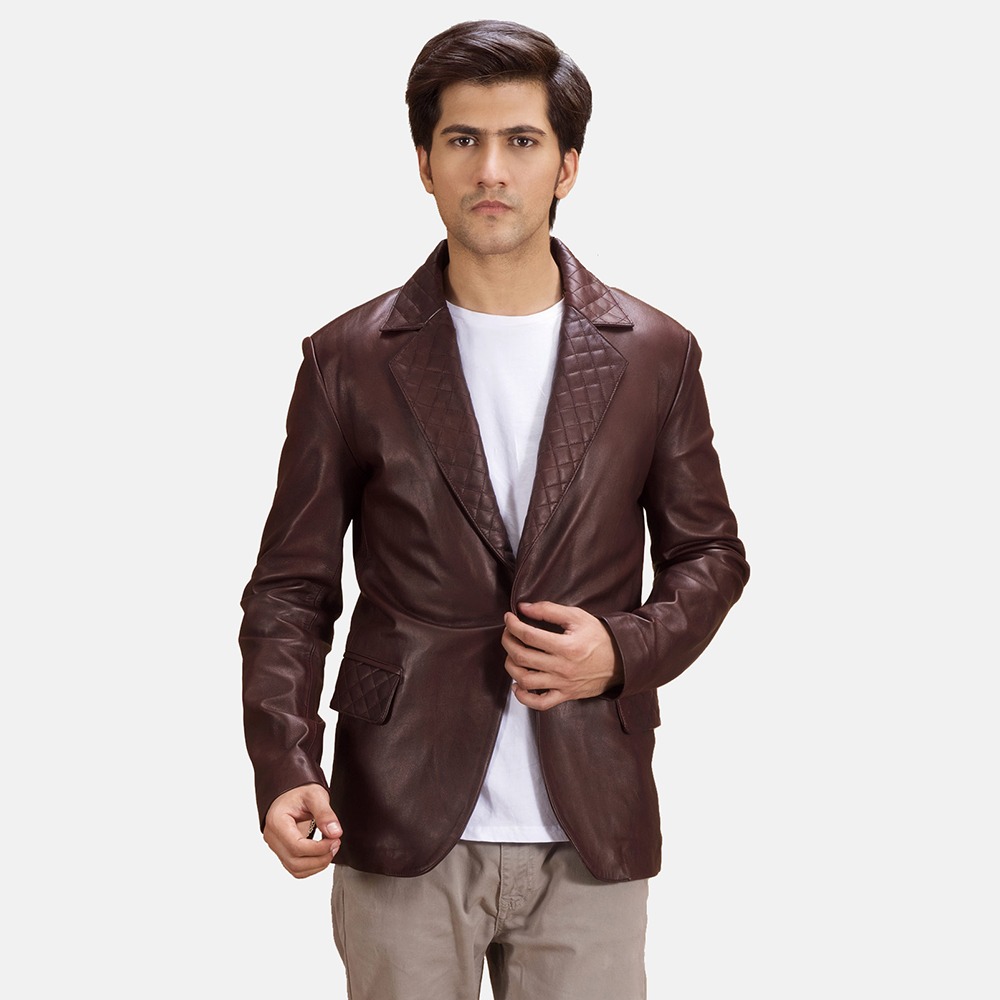 Two-Button Leather Blazer with Quilted V-Panel